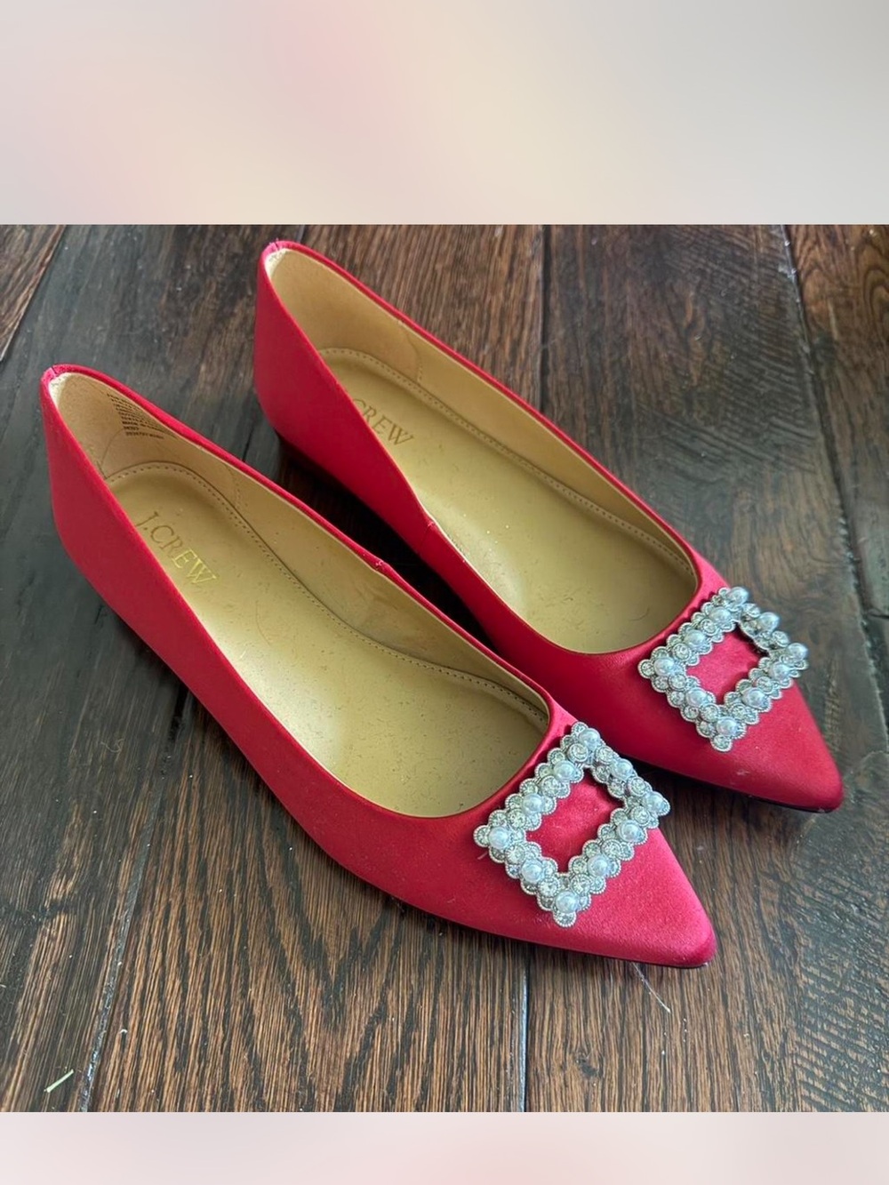 J. Crew Red Satin Pointed Flats with Crystal Buckle Embellishment